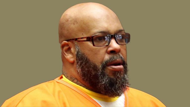 Suge Knight in an orange prison jumpsuit during a court appearance. Explore Suge Knight net worth.